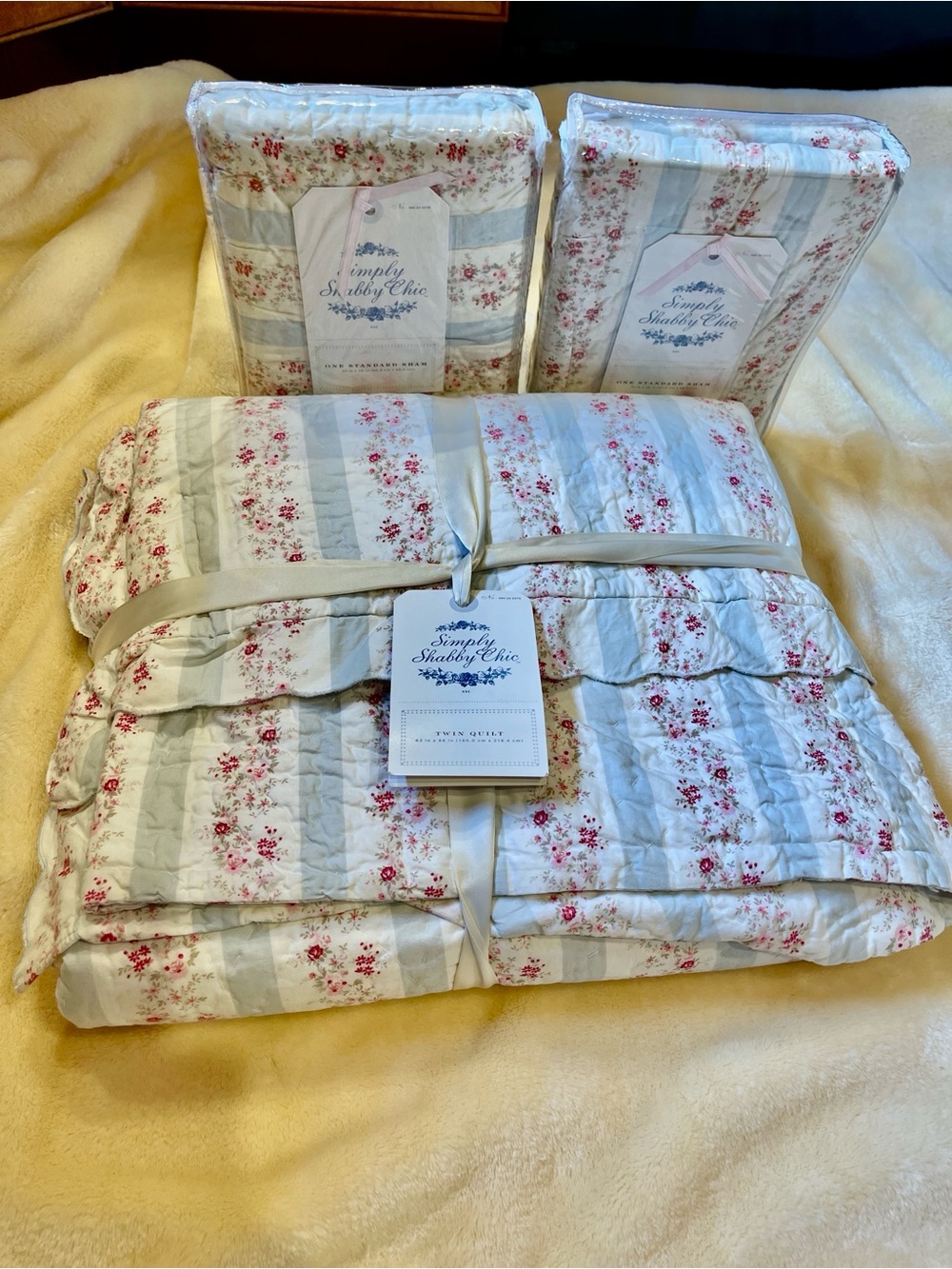 NWT 🌸Simply Shabby Chic 🌸 DITSY DAISY FLORAL STRIPE SCALLOPED QUILT AND SHAMS